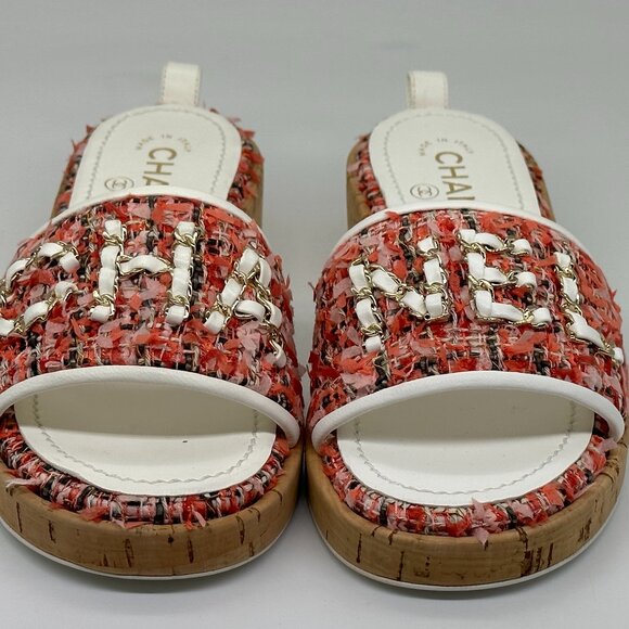 CHANEL 21C Signature Chain Tweed Mules Slide Cork Platform Sandals Shoes Pink - Picture 1 of 16